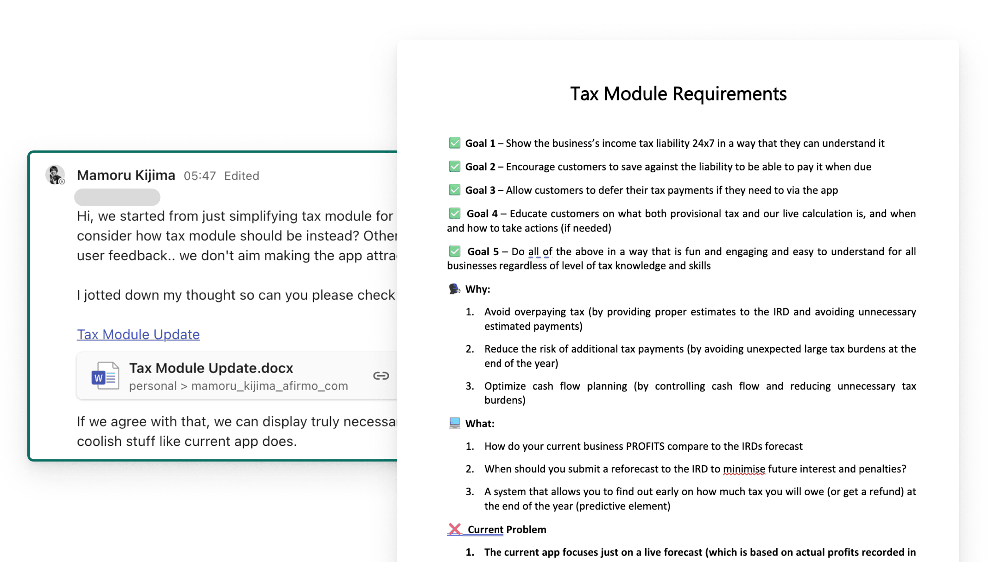 The shared Tax Module requirements document with explicit goals